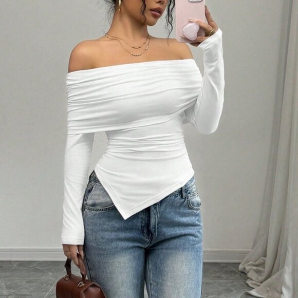 Solid Off Shoulder Asymmetrical Hem Fitted Long Sleeve Top - Picture 1 of 7